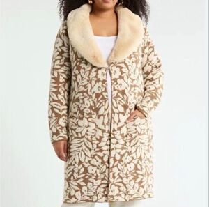 DR2 Floral Faux Fur Collar Sweater Coatigan Cream Tan Women’s Plus 2X NWT
